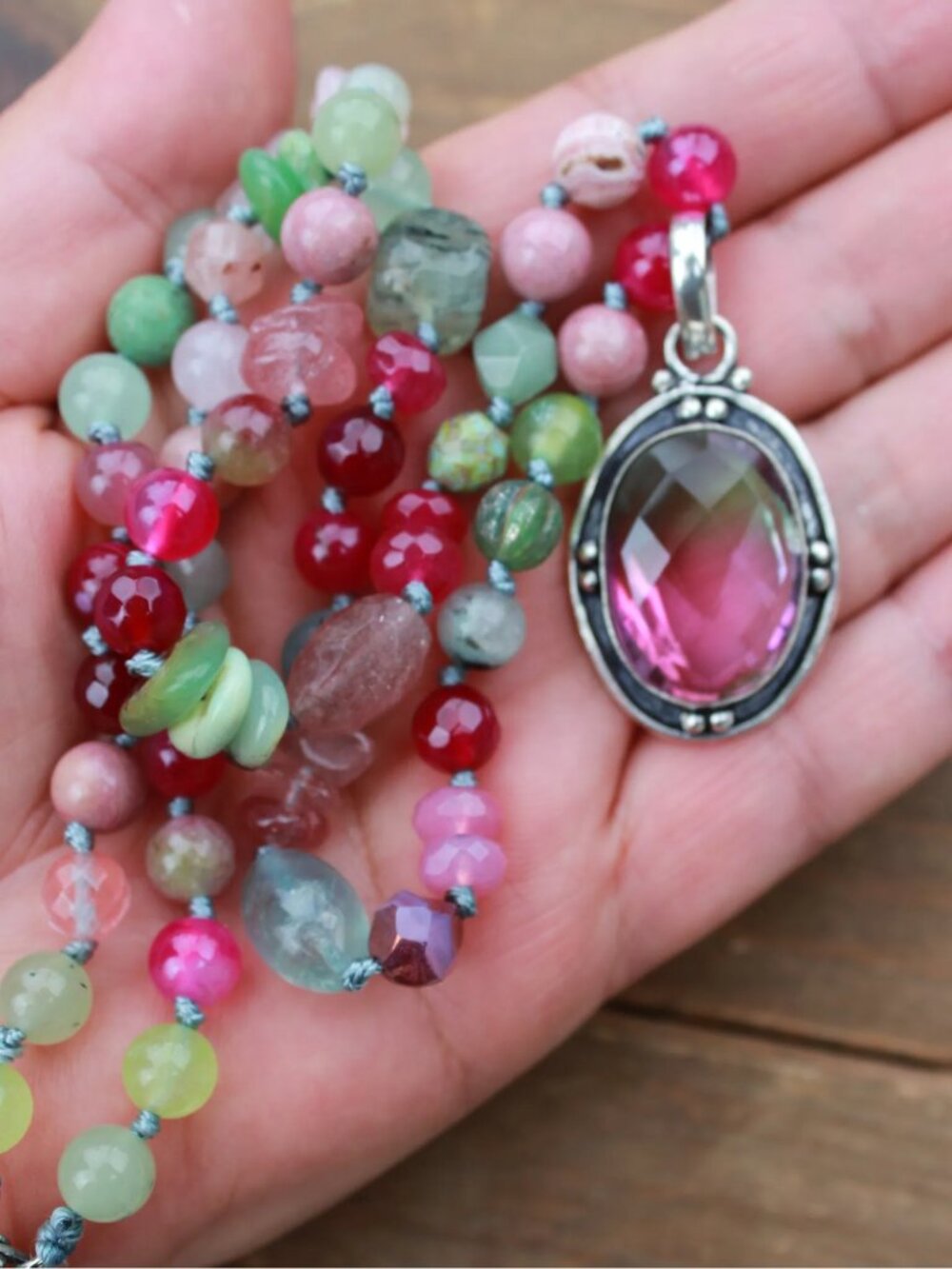 Beaded Gemstone Necklace in Pink and Green with Tourmaline Pendant